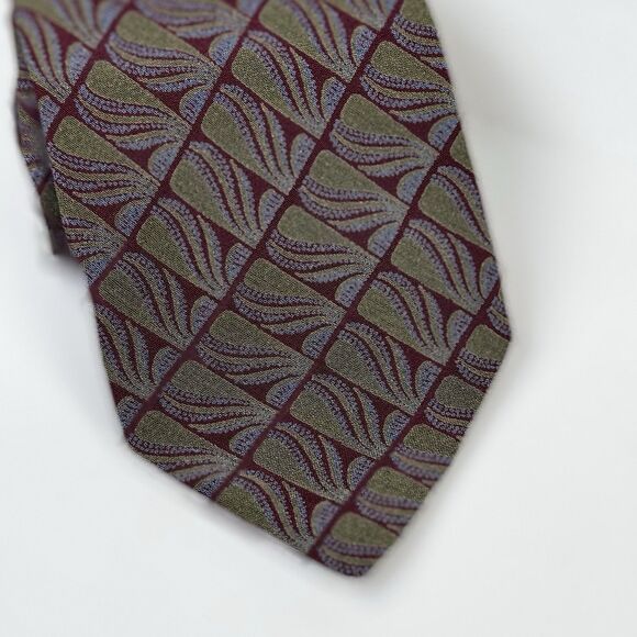 Barneys New York Silk Tie Made in Italy Art Deco Geometric Olive Burgundy Retro - Picture 3 of 8